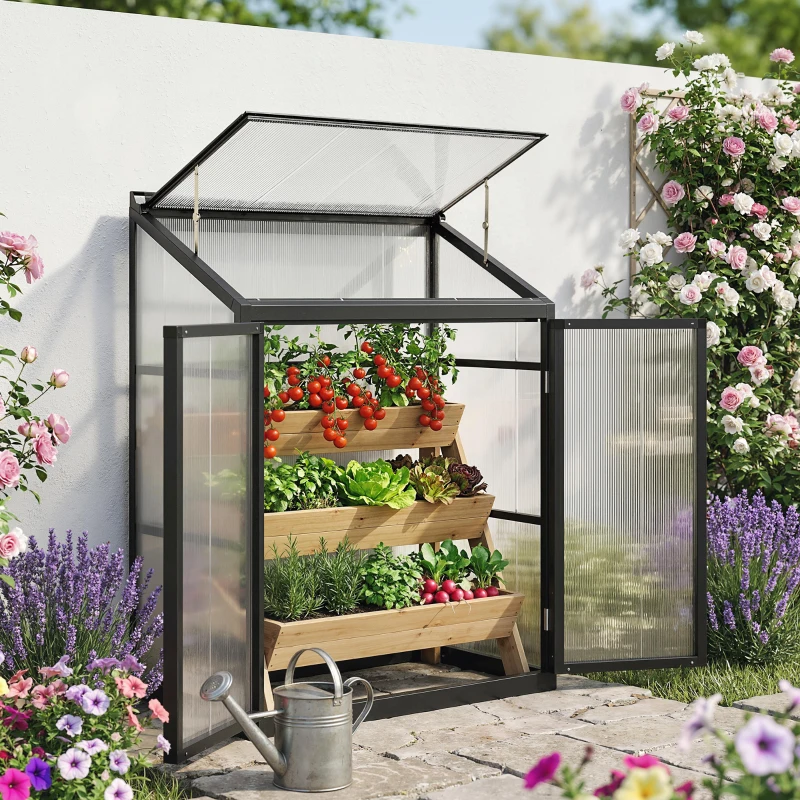 Outsunny 4 x 2ft Polycarbonate Greenhouse, Quick Setup, Lean-to Green House with 2 Hinged Doors, Top Vent, Black
