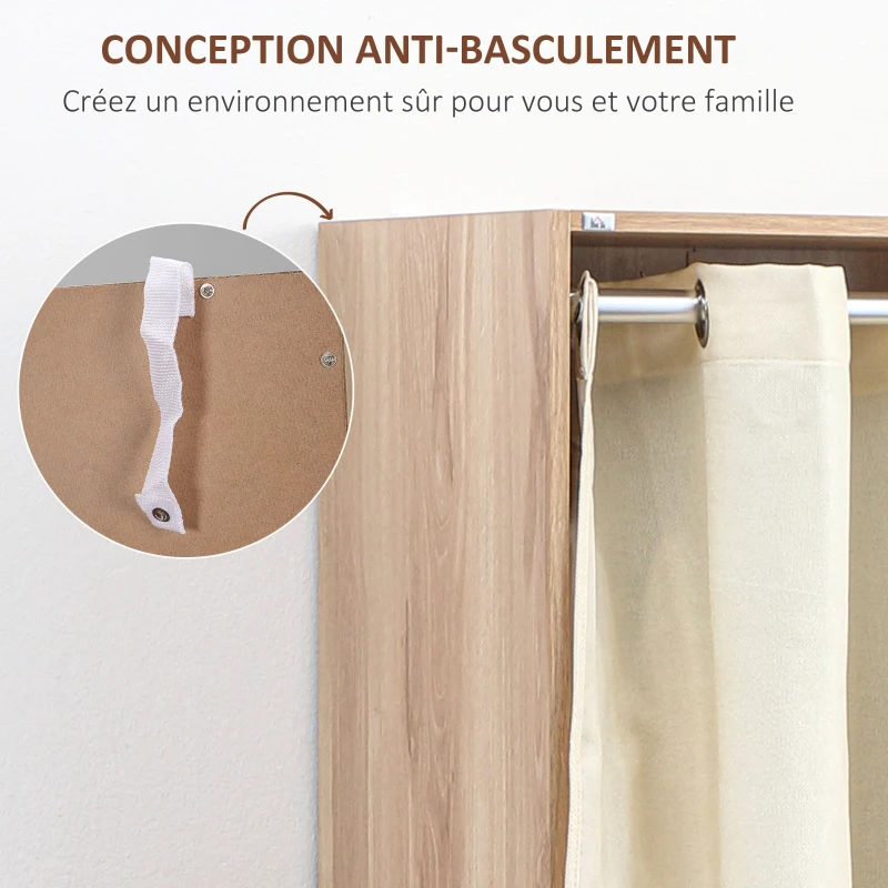 HOMCOM Armoire penderie armoire de rangement avec tringle rideaux 3 tiroirs en tissu amovibles 105 x 48 x 160 cm naturel