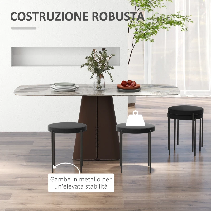 HOMCOM Set 4 Sgabelli Bassi e Rotondi in Metallo e Tessuto Effetto Velluto, 41.5x41.5x46 cm, Nero