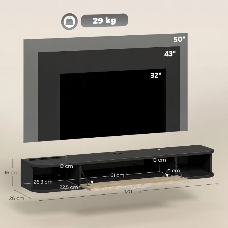 HOMCOM Meuble TV Suspendu 120 cm, Meuble télé jusqu'à 50 Pouces, Porte Rabattable, 2 Étagères Ouvertes et Passe-câbles, Noir