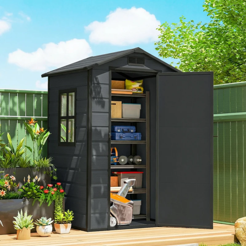 Outsunny Casetta per Attrezzi a 2 Ingressi con Finestre e Prese d'Aria, in PP e Alluminio, 128x104x196 cm, Grigio Scuro
