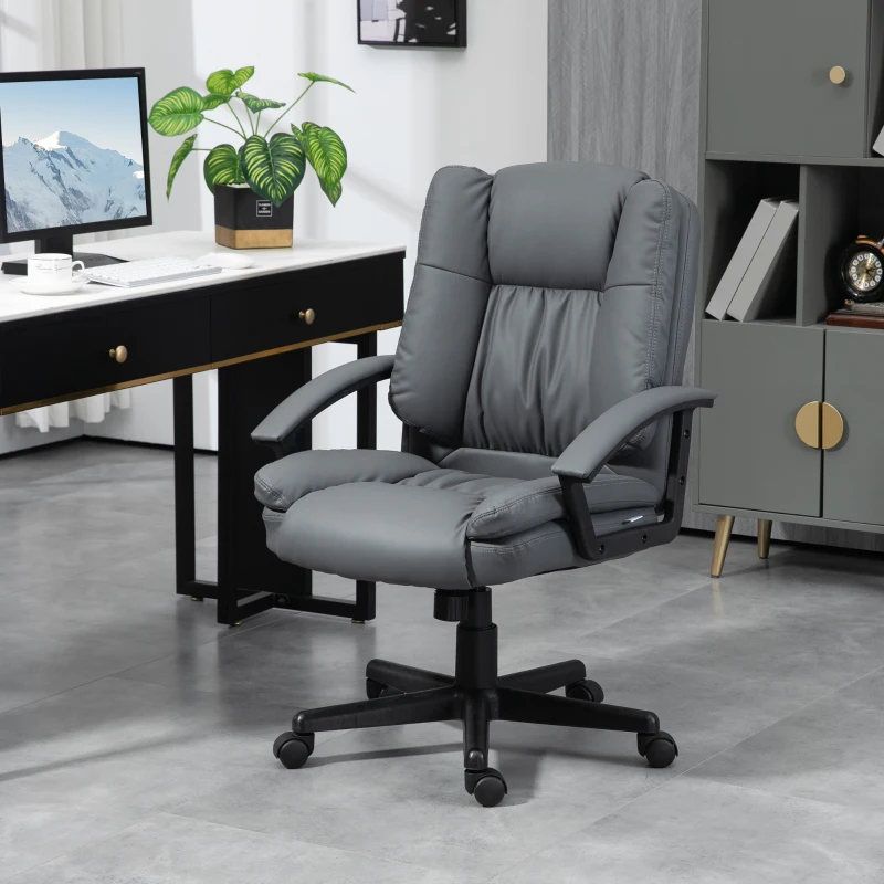 HOMCOM Office Chair - Faux Leather Computer Desk Chair, Mid Back Executive Chair with Swivel Rolling Wheels and Adjustable Height for Home Study, Dark Grey(m-10)