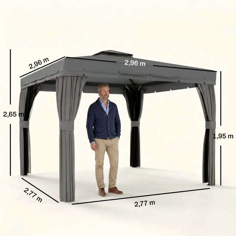 Outsunny Tonnelle de jardin extérieur 3 x 3 m, barnum avec toit double, rideaux et moustiquaire, cadre en aluminium, gris foncé