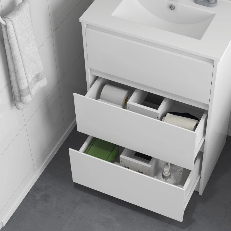 kleankin 600mm Bathroom Vanity Unit with Basin and Single Tap Hole, High Gloss White Floor Standing Bathroom Sink Unit with 2 Drawers for Cloakroom