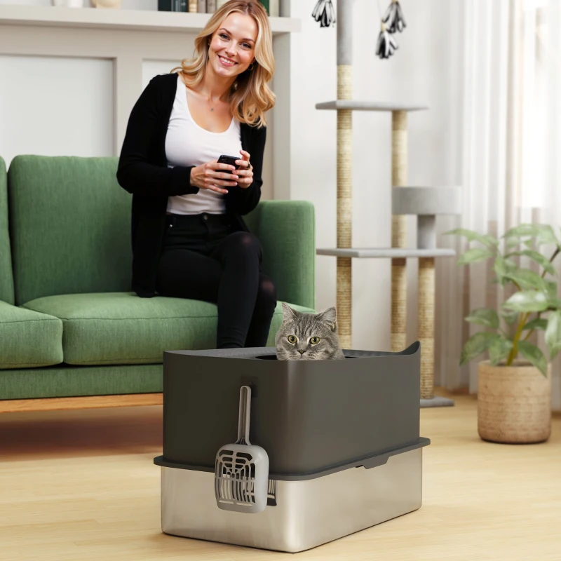PawHut Stainless Steel Cat Litter Tray, Extra Large Enclosed Litter Box with Scoop, Top Entrance, Non-slip Pads, Dark Grey