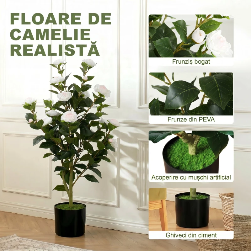 HOMCOM Plantă Artificială Camelie, Flori Realiste, 176 Frunze PEVA, Ghiveci PP, Alb