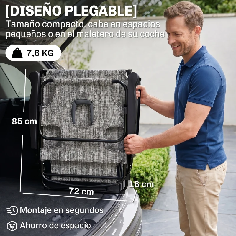 Outsunny Tumbona de Jardín Plegable con Respaldo Ajustable en 4 Niveles Orificio de Lectura y Reposacabezas 145x72x89 cm Gris