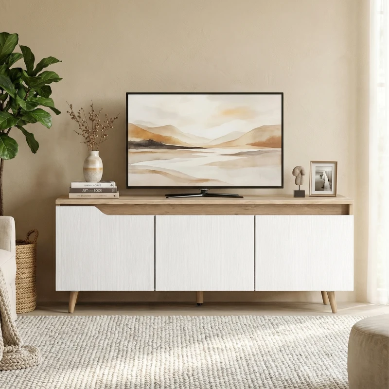 HOMCOM Mesa de TV para Salón con 3 Puertas para Televisión de 55 Pulgadas Estilo Moderno 120x35x45,5 cm Roble y Blanco