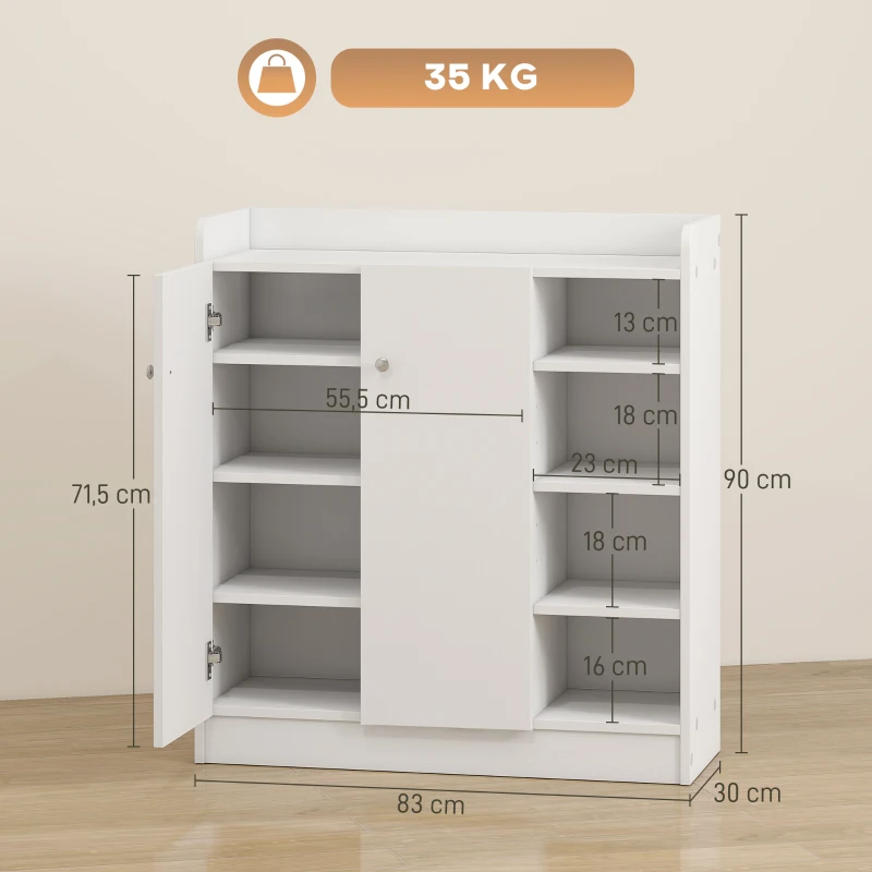 HOMCOM Meuble de rangement à chaussures pour entrée 12 paires - armoire à chaussures avec 4 compartiments ouverts et placard double porte - étagère réglable - 83L x 30l x 90H cm - blanc