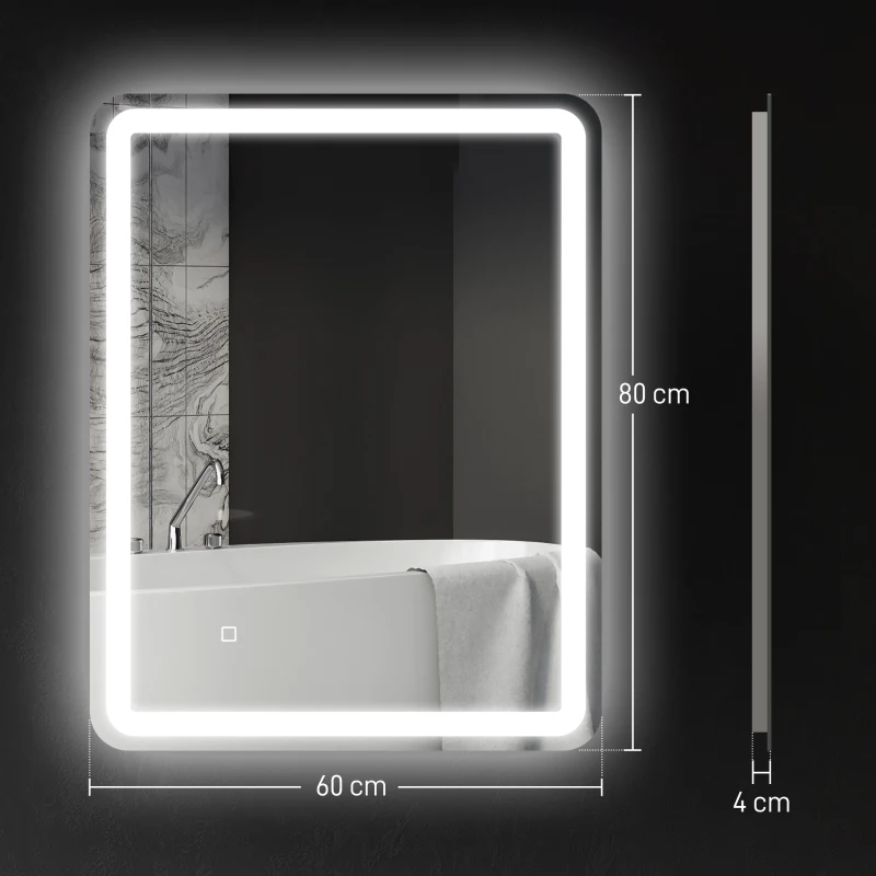 HOMCOM Oglindă de Baie LED Touch cu Lumină Reglabilă, la 3 Temperatură și Anti-Ceață, 60x80 cm