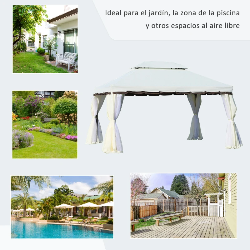Outsunny Cenador de Jardín 4x3m Pabellón de Jardín Gazebo con Doble Techo Estructura de Aluminio UPF50+ para Exterior Crema