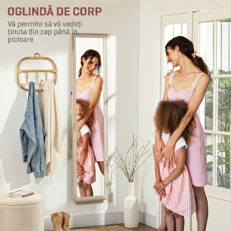 HOMCOM Oglindă Modernă în Mărime Naturală de Perete și Autoportantă, 37x157 cm, Alb și Lemn
