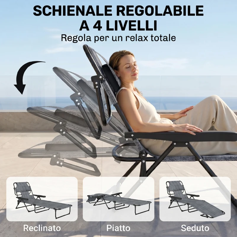Outsunny Tumbona de Jardín Plegable con Respaldo Ajustable en 4 Niveles Orificio de Lectura y Reposacabezas 145x72x89 cm Gris
