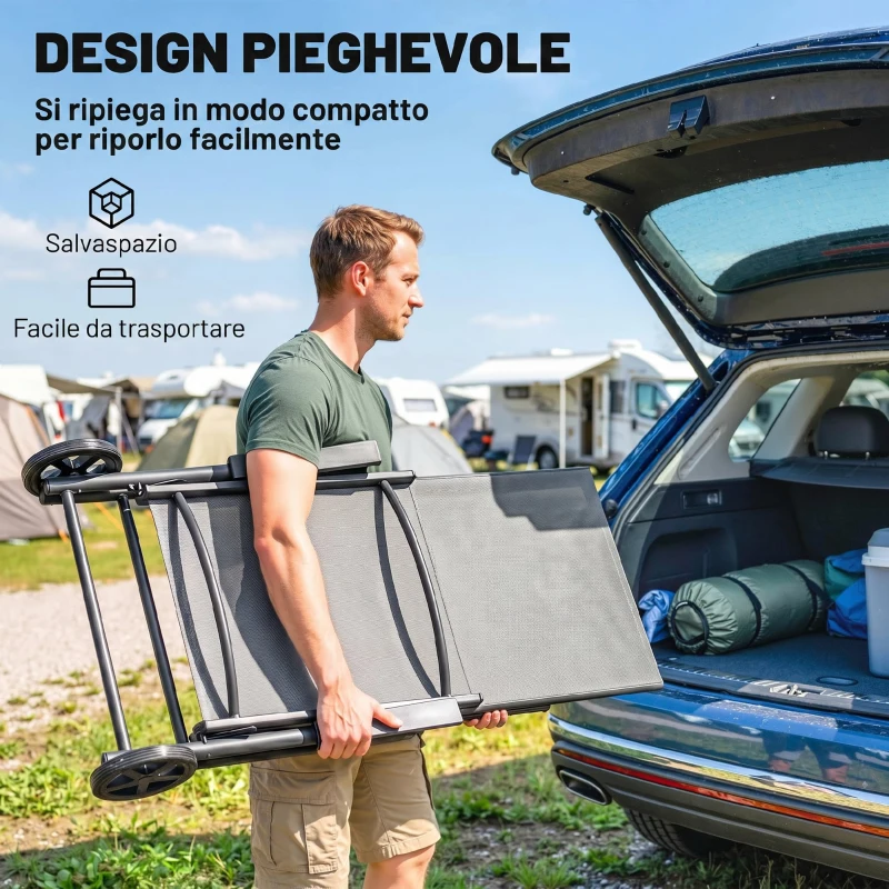 Outsunny Lettino Sdraio Pieghevole e Reclinabile in 5 Posizioni con Rotelle, in Metallo e Textilene, 72x158x84 cm, Grigio