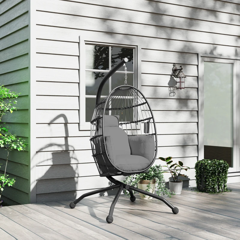 Outsunny Silla Colgante con Soporte Cesta Plegable Cojín y Reposacabezas para Interior y Exterior Carga 120 kg Gris