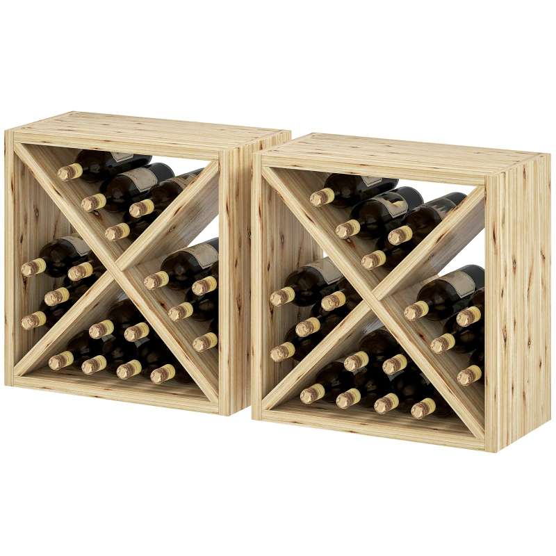 HOMCOM Set of 2 Wooden Wine Rack, X-Shaped Square Tabletop Storage Holder for 24 Bottle, Natural Wood