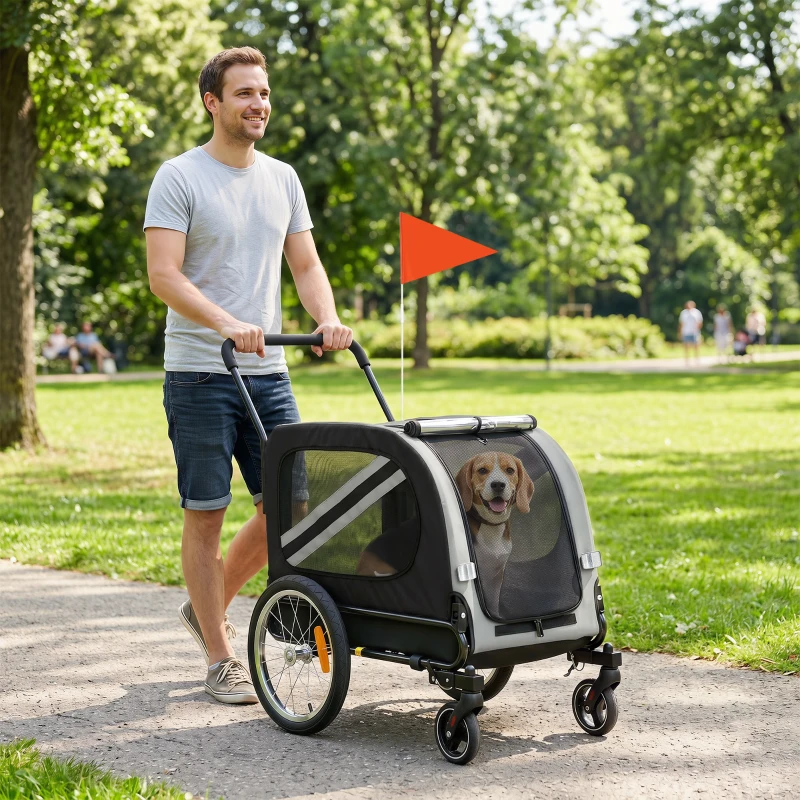 PawHut 2-In-1 Pet Bike Trailer Dog Stroller Pushchair with Universal Wheel Reflector Flag Grey