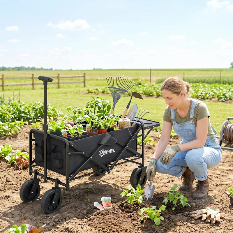 Outsunny Chariot de Jardin Pliable 4 Roues bâche Amovible poignée télescopique Inclinaison réglable Plateau Pliable noir