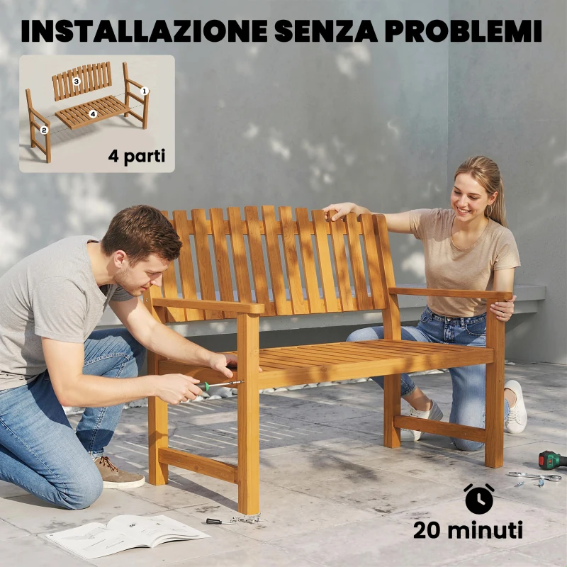 Outsunny Panchina da Giardino 2 Posti in Legno di Acacia con Schienale a Doghe e Braccioli, 112x64x92 cm, Color Legno
