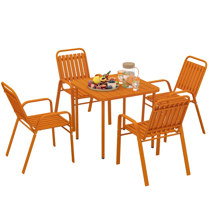 Outsunny Table de jardin extérieure avec 4 chaises empilables, plateau à lattes 80 cm, structure en acier anti-rouille, orange