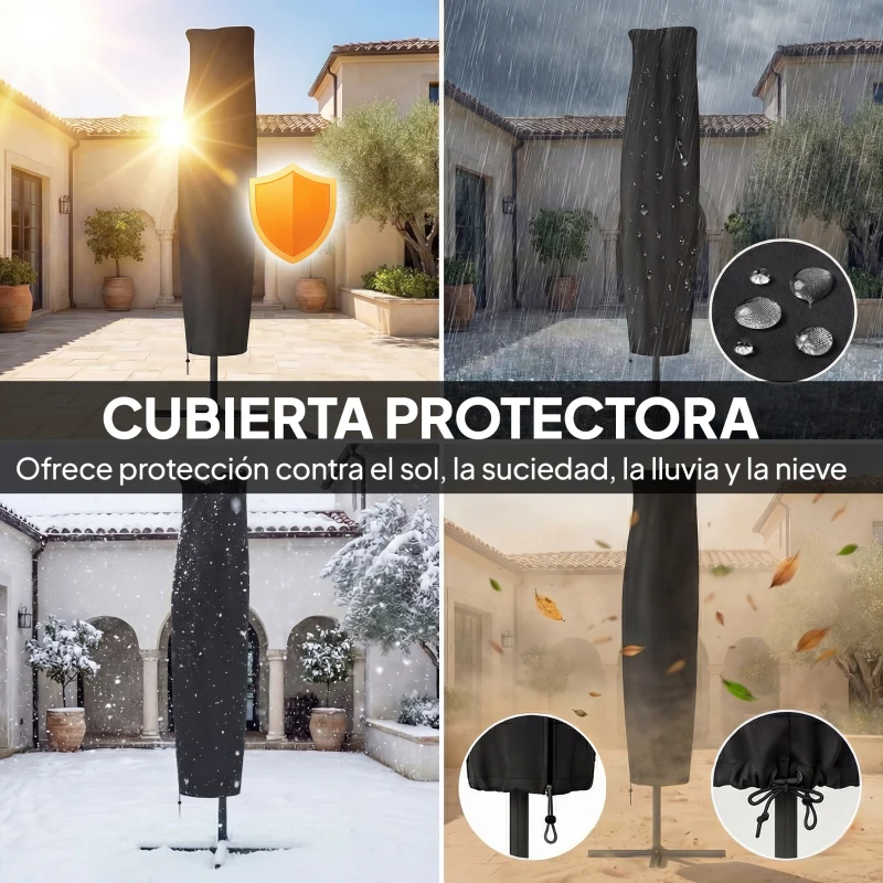 Outsunny Parasol Excéntrico con Luces LED Solares Ø345 cm Sombrilla Jardín de Aluminio con Base Cruzada Manivela Funda Azul