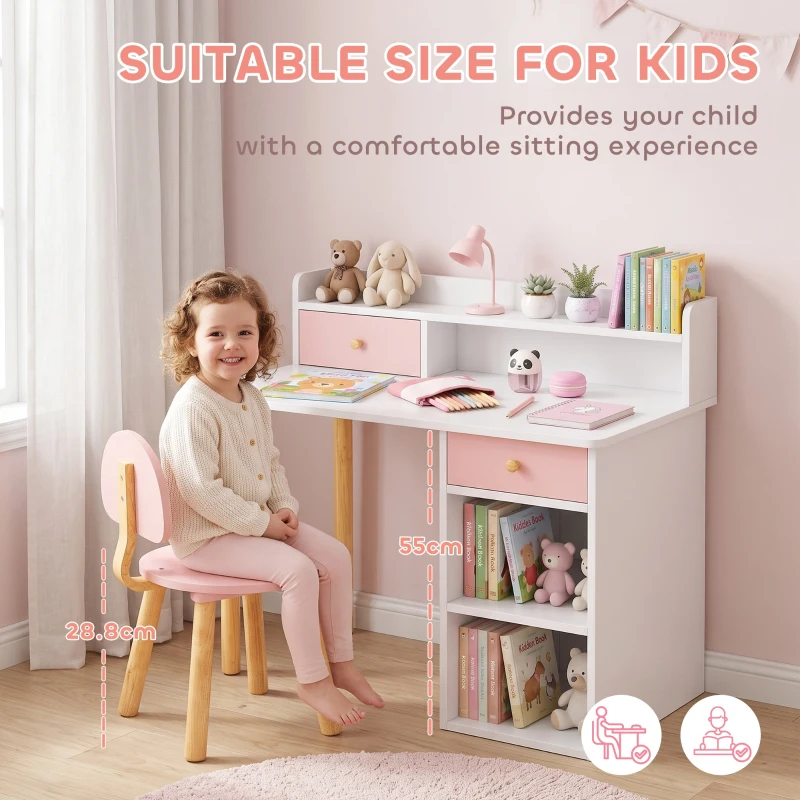 AIYAPLAY 2 Pieces Children Study Table with Hutch, Kids Desk and Chair Set with Storage, Drawer, Shelves, Pink