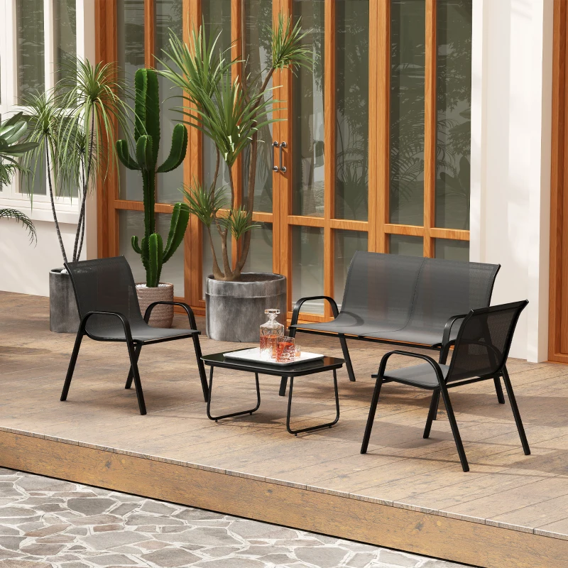 Outsunny Conjunto de Muebles de Jardín de 4 Piezas con 2 Sillas Apilables y Banco de 2 Plazas con Mesa de Café de Vidrio Negro