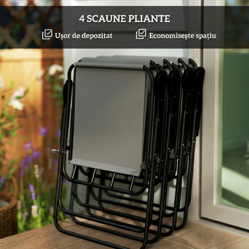 Outsunny Set de Grădină 6 Piese din Oțel cu 4 Scaune Pliabile, Umbrelă și Masă Rotundă, Gri și Negru