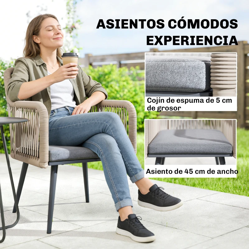 Outsunny Set de 2 Sillas de Jardín Exterior de Ratán con Cojines Reposabrazos y Marco de Acero para Terraza 54x65x80 cm Gris