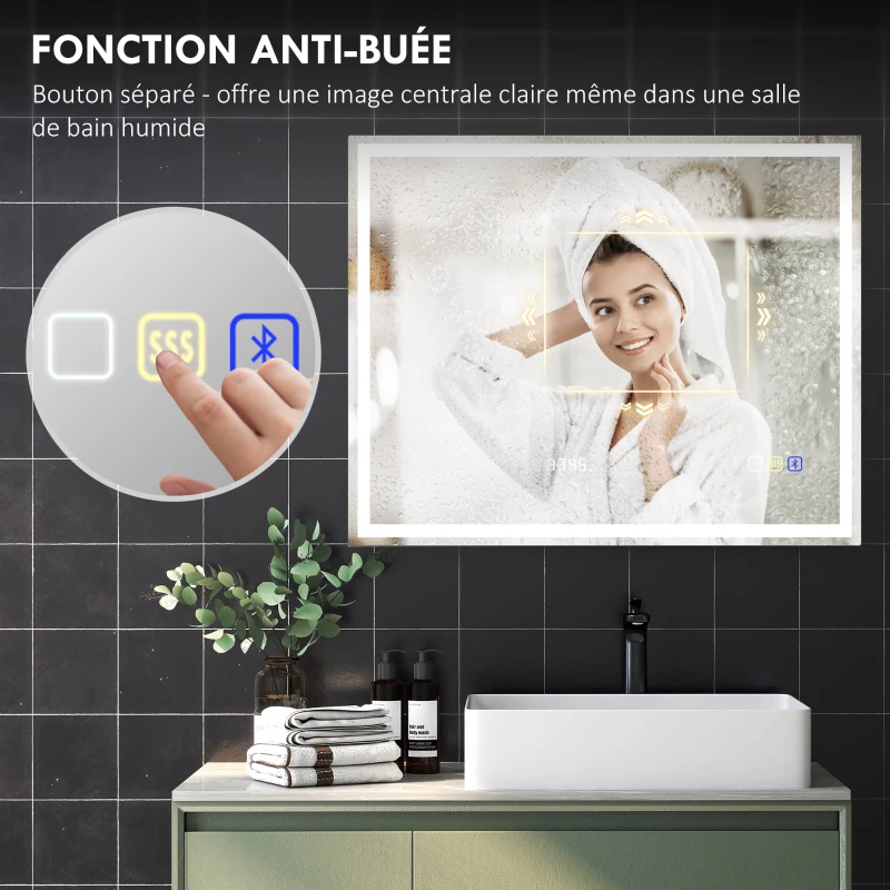 HOMCOM Miroir salle de bain LED bluetooth 80 x 100 cm interrupteur tactile lumière réglable 3 couleurs anti-buée mémoire argent