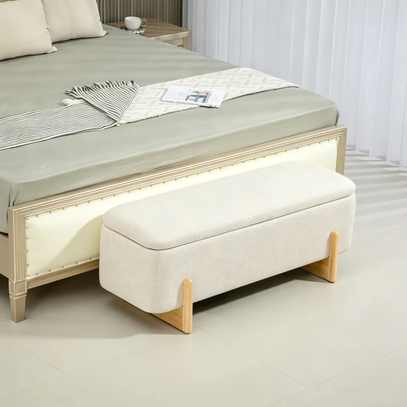 HOMCOM Banc de Rangement, Bout de Lit Rembourré, Charnières de Sécurité, Pieds Forme U en Bois d'Hévéa Stable, Crème(m-2)