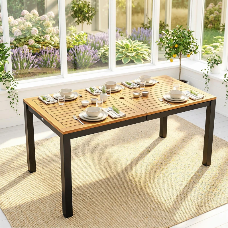 Outsunny Mesa de Comedor de Jardín de Madera para 6 Personas con Superficie de Listones Orificio 150x75x75 cm Natural