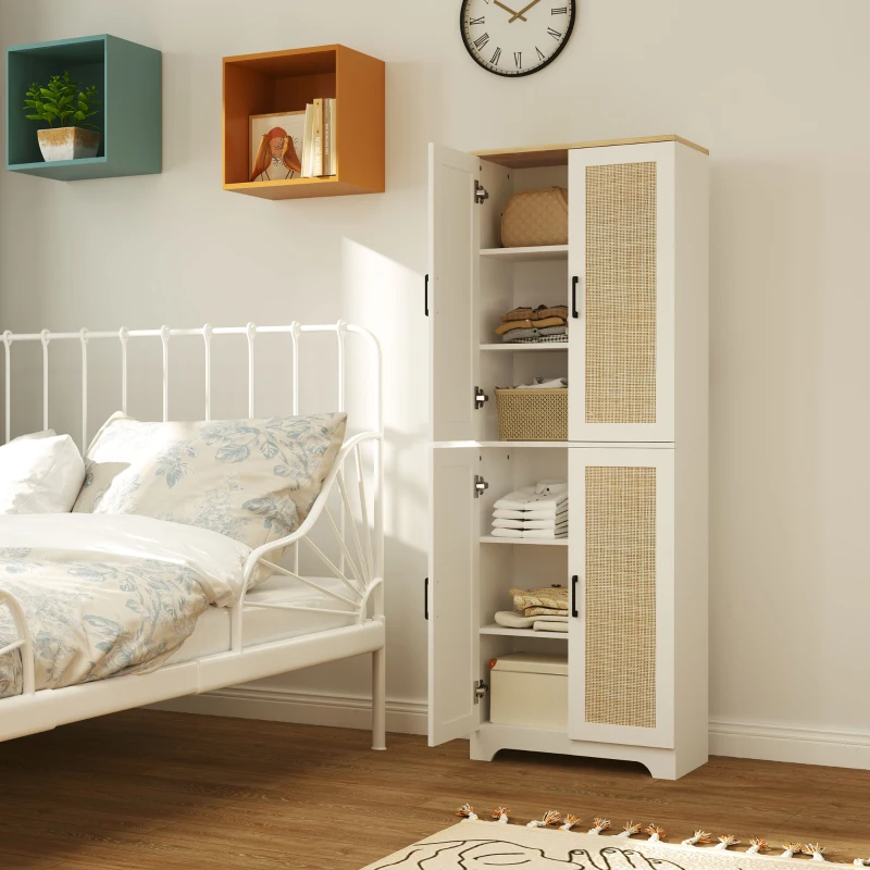 HOMCOM Alacena de Cocina con Estantes Ajustables Puertas de Ratán y Sistema Anti-vuelco 60x30x170 cm Blanco