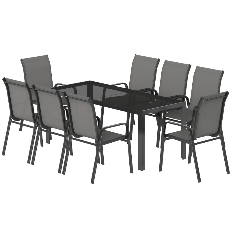 Outsunny 9 Pieces Garden Dining Set, Outdoor Table and Chairs Set for 8, Garden Furniture Set with Tempered Glass Top, Dark Grey