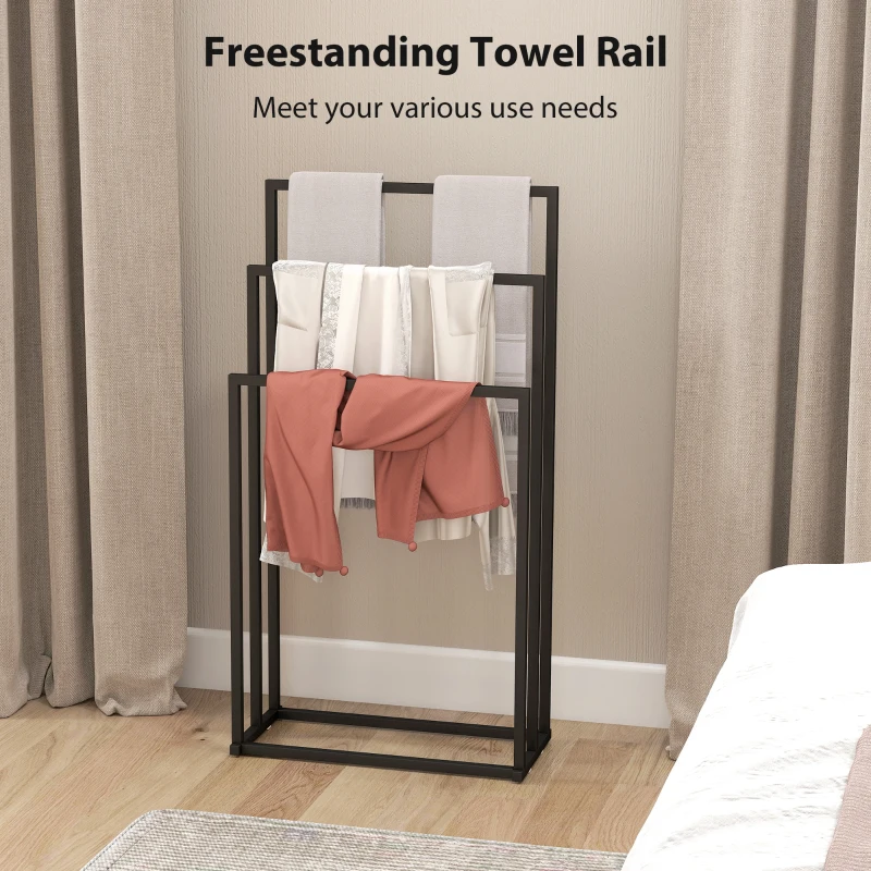 HOMCOM Freestanding Towel Rack, Steel Towel Rail Holder with 3 Bars, Black