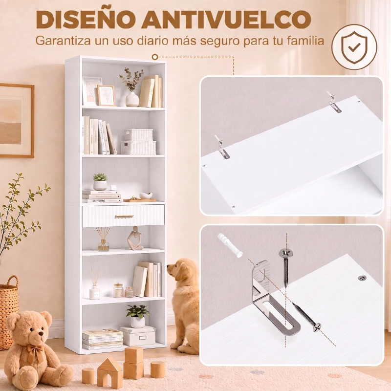 HOMCOM Estantería para Libros Alta y Estrecha Librería de 7 Niveles con Cajón 6 Compartimentos Abiertos 60x24x182 cm Blanco