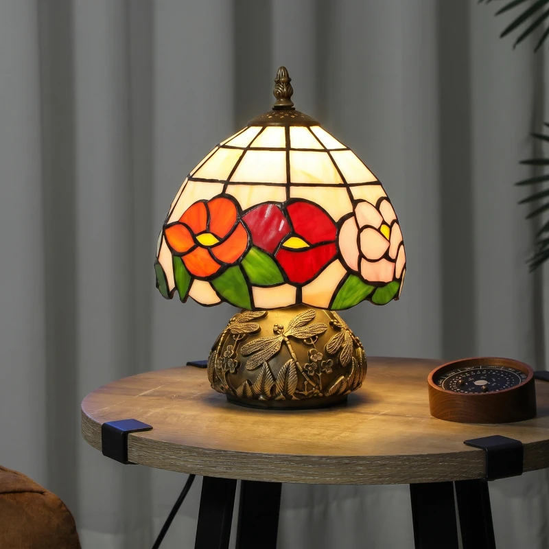 HOMCOM Handcrafted Classic Stained Glass Bedside Lamp, Tiffany-Style Table Lamp with Sculpted Dragonfly Base, Multi-Coloured
