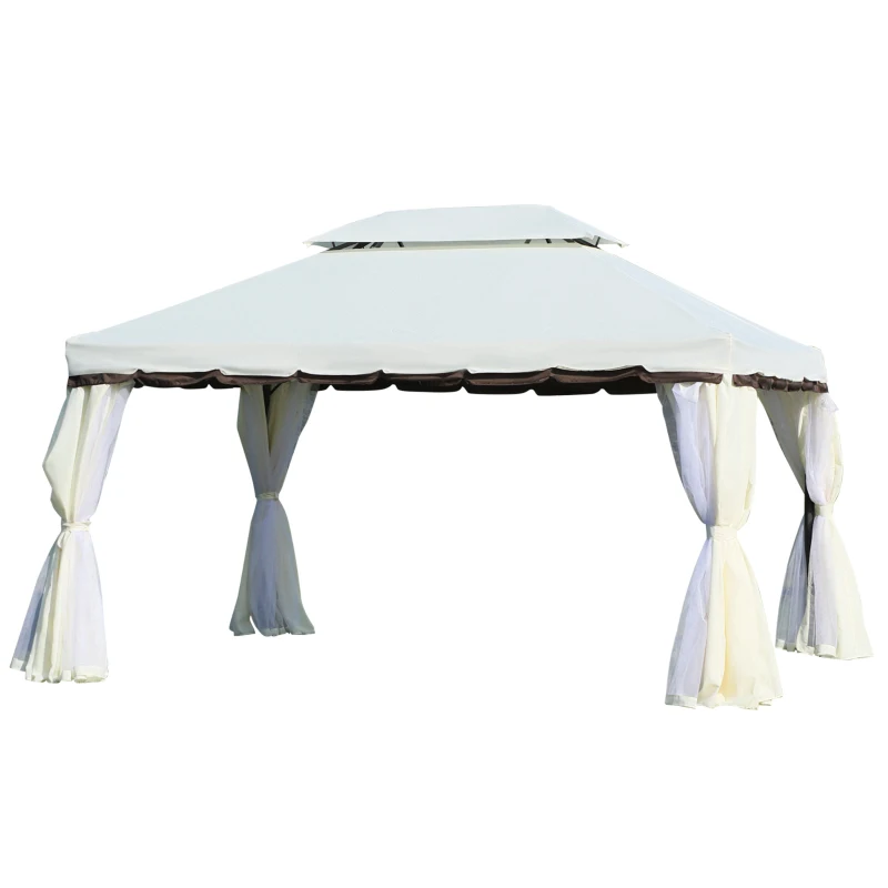 Outsunny Cenador de Jardín 4x3m Pabellón de Jardín Gazebo con Doble Techo Estructura de Aluminio UPF50+ para Exterior Crema