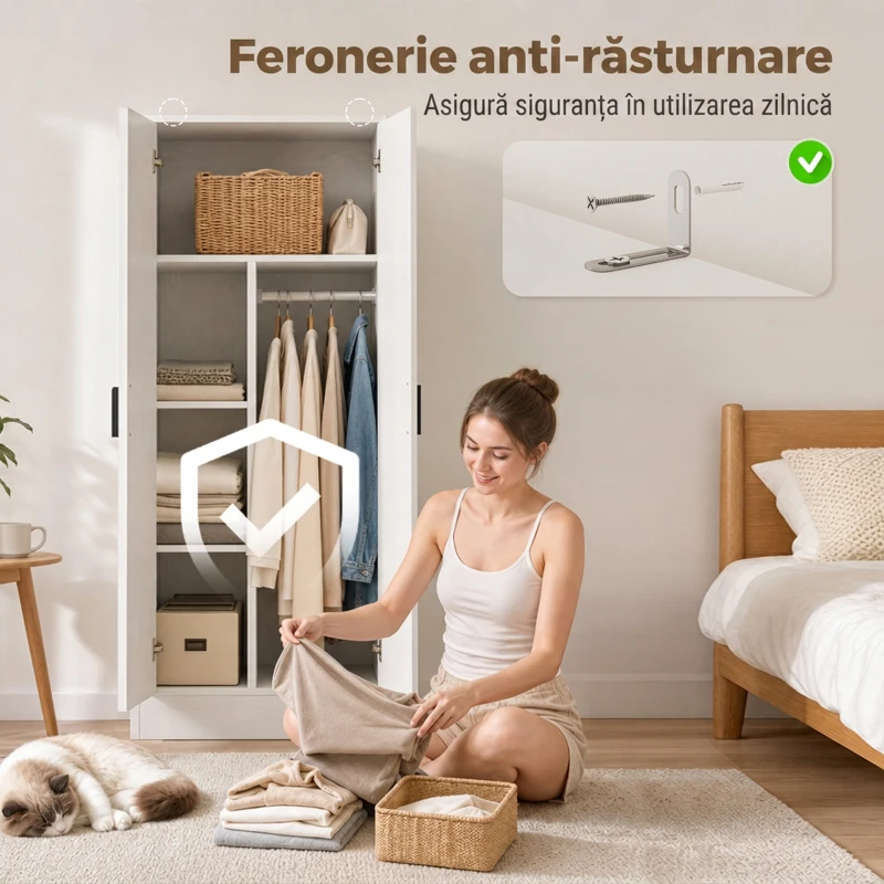 HOMCOM Dulap pentru dormitor slim 2 uși, închidere amortizată, bară pentru umerașe și rafturi, PAL, 70 x 37 x 164cm, alb