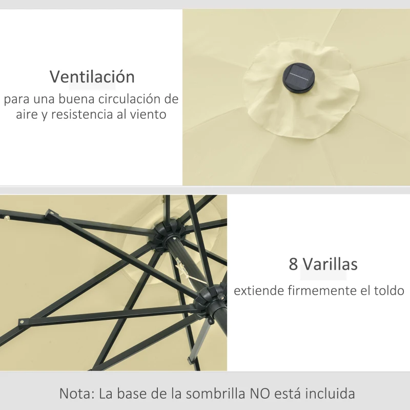 Outsunny Sombrilla Terraza Exterior, Ø265 cm, Sombrilla de Jardín con 32 Luces LED Solares, Poste de Acero y Manivela de Parasol Inclinable, para Patio, Terraza, Beige