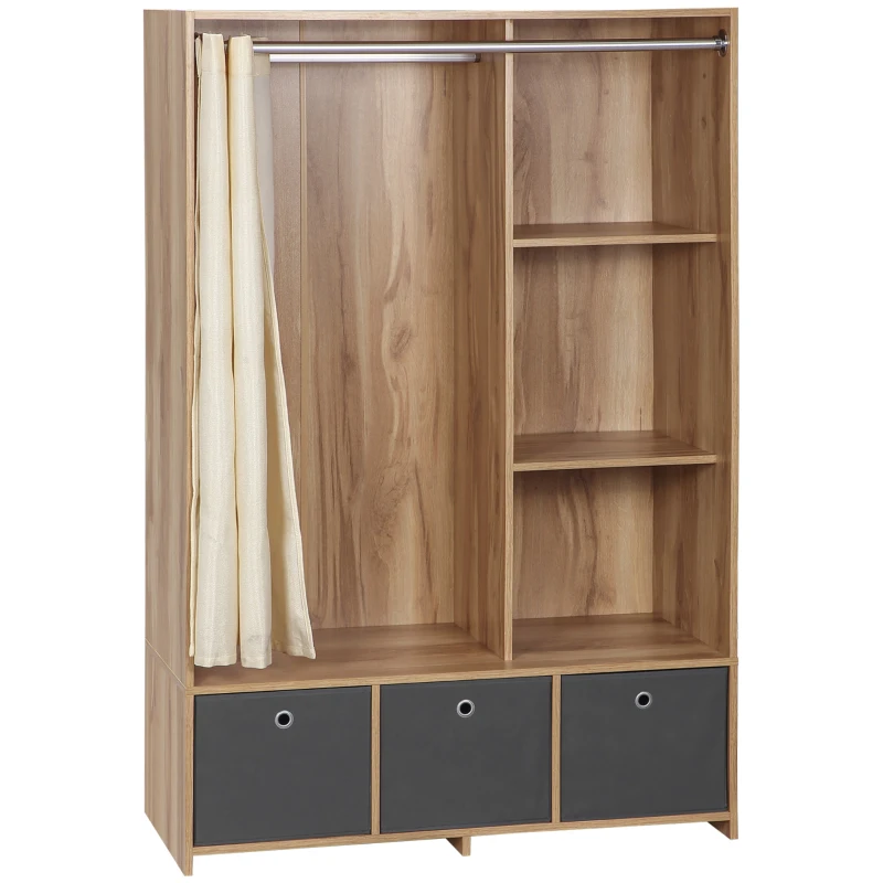 HOMCOM Armoire penderie armoire de rangement avec tringle rideaux 3 tiroirs en tissu amovibles 105 x 48 x 160 cm naturel