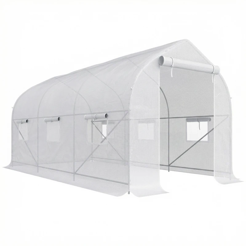 Outsunny Serre tunnel de jardin 8m², serre de jardin tunnel avec 1 portes et 6 fenêtres, bâche PE 140g/m² 400x200x200cm blanc
