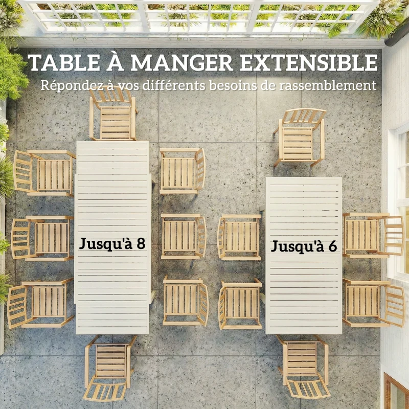 Outsunny Table de jardin extensible 150-225 cm pour 6-8 personnes, table à manger extérieur en aluminium, plateau à lattes, blanc