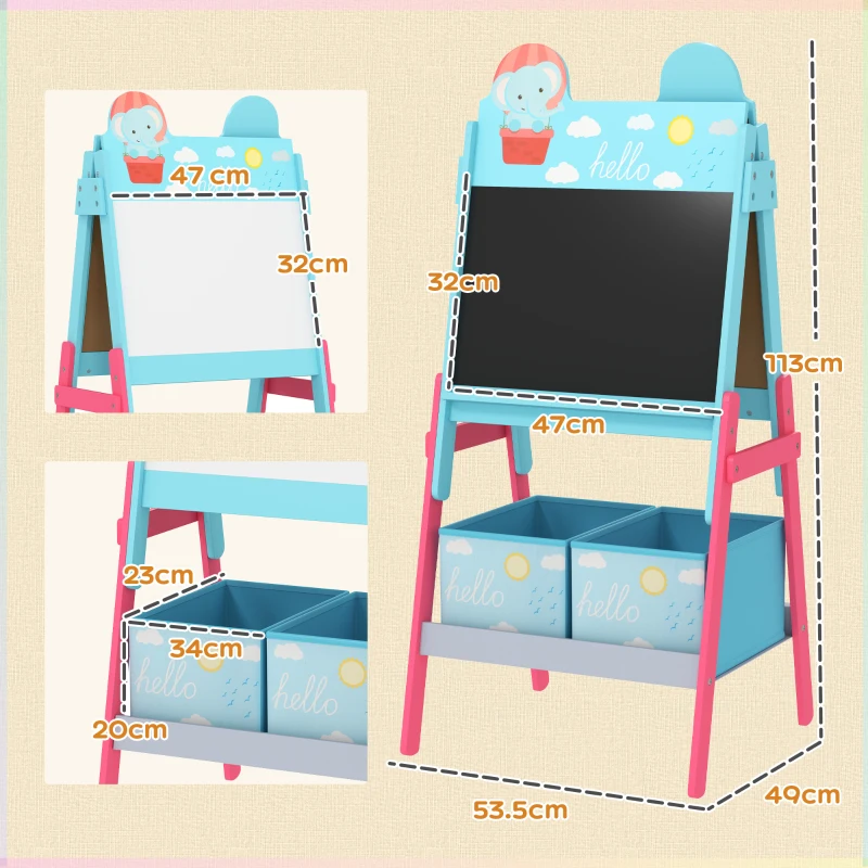 AIYAPLAY Pizarra Infantil de Doble Cara con 2 Cajas de Tela Caballete de Pintura para Niños con Estampado de Animales Azul