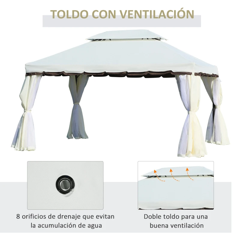 Outsunny Cenador de Jardín 4x3m Pabellón de Jardín Gazebo con Doble Techo Estructura de Aluminio UPF50+ para Exterior Crema
