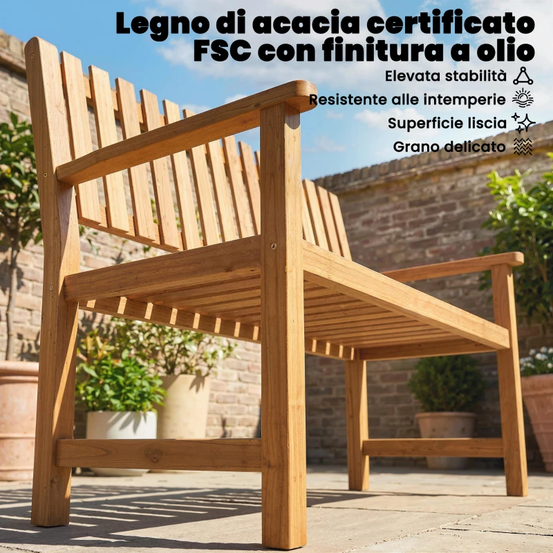 Outsunny Panchina da Giardino 2 Posti in Legno di Acacia con Schienale a Doghe e Braccioli, 112x64x92 cm, Color Legno