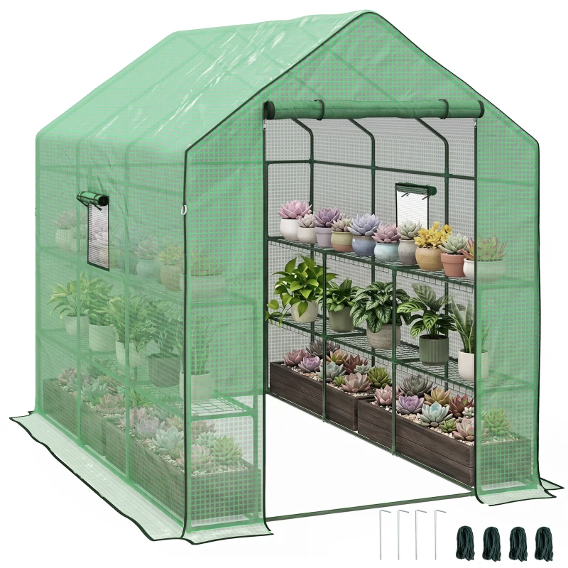 Outsunny Walk-in Greenhouse with 3 Tier Shelves, Outdoor Green House Garden Grow House with Reinforced PE Cover, Roll-up Door and Mesh Windows, 140 x 213 x 190cm, Green