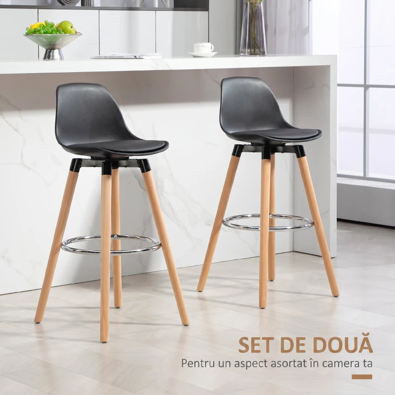 HOMCOM Set 2 Scaune de Bar Moderne din Piele Ecologică, Scaune Înalte de Bucătărie, Negru