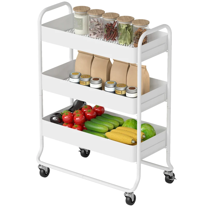 HOMCOM 3-Tier Storage Trolley on Wheels, Rolling Utility Cart with Mesh Backets for Kitchen, Bathroom, Bedroom, White