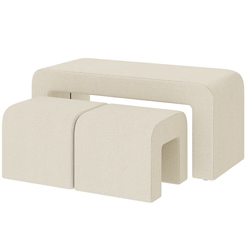 HOMCOM Juego de 3 Bancos Zapateros Grande y 2 Pequeños Modernos de Pana Diseño Compacto Mesa Auxiliar 104x44x48 cm Crema